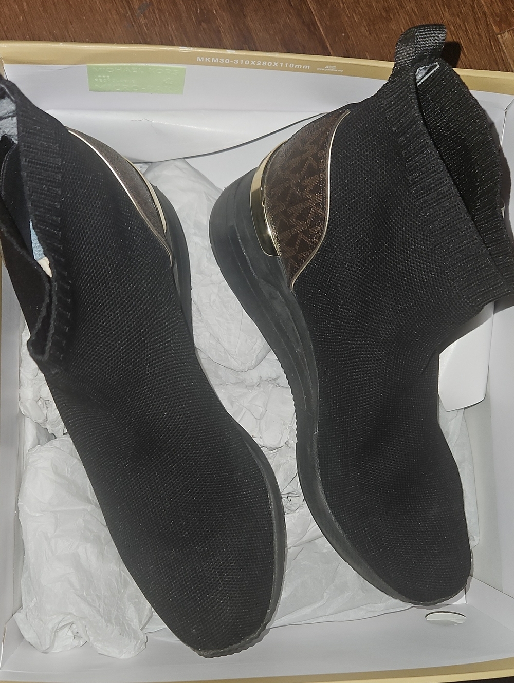 Michael Kors Black Knit Slip-On Wedge Sneakers with Gold Heel Detail